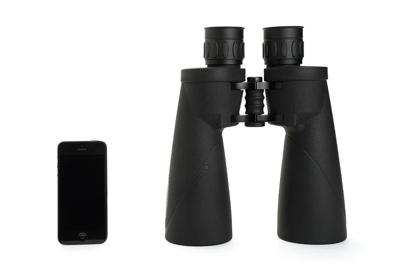 Celestron Echelon 20x70 Porro binoculars showing large objective lenses and textured focusing wheel for clear outdoor viewing.