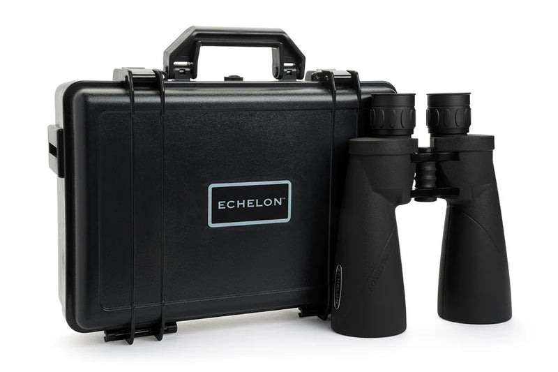 Celestron Echelon 20x70 Porro binoculars with large objective lenses and textured focus wheel for detailed outdoor viewing.