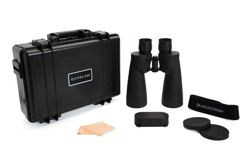 Celestron Echelon 20x70 Porro binoculars with large objective lenses and textured focus wheel for detailed outdoor viewing.