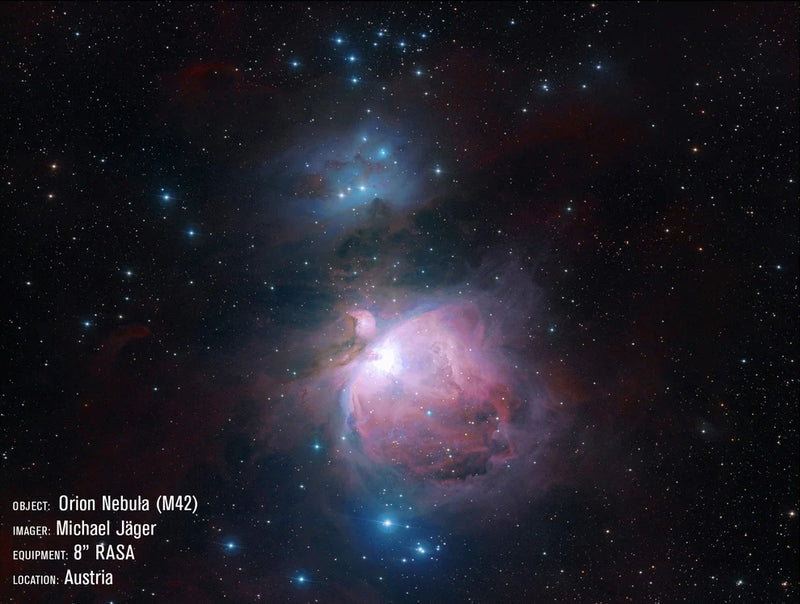 Celestron CGEM II 8-inch Rowe-Ackermann Schmidt Astrograph telescope with detailed M42 H-alpha RGB astrophotography image.