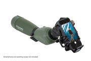 Celestron NexYZ 3-Axis Smartphone Adapter for telescopes, showing adjustable mount and smartphone connection in use.