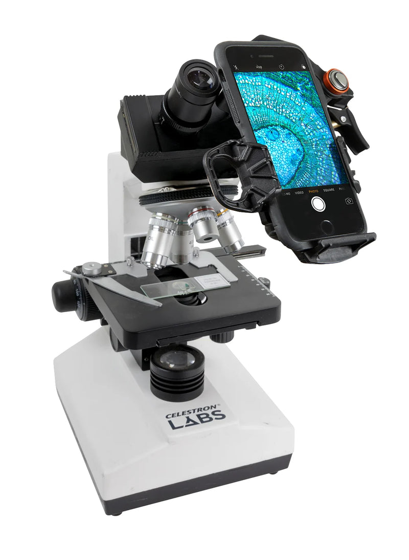 Celestron NexYZ 3-Axis Smartphone Adapter for telescope, showing adjustable mount and smartphone securely attached for astrophotography.