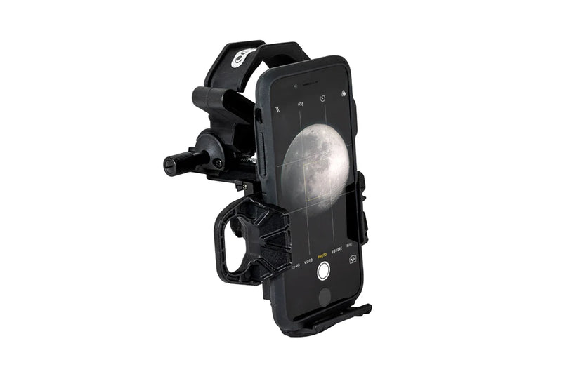 Celestron NexYZ 3-Axis Smartphone Adapter for astrophotography, showing adjustable mount for smartphones and telescope connection