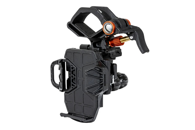 Celestron NexYZ 3-Axis Smartphone Adapter for telescopes, black accessory with adjustable mounts and smartphone holder.