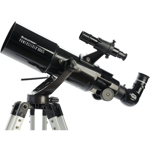 Celestron PowerSeeker 80AZ short refractor telescope with optical tube and silver mount, ideal for beginner stargazing and astronomy.