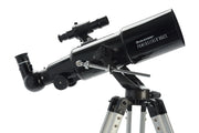 Celestron PowerSeeker 80AZ short refractor telescope with tripod, showcasing its optical tube and mount for astronomical viewing.