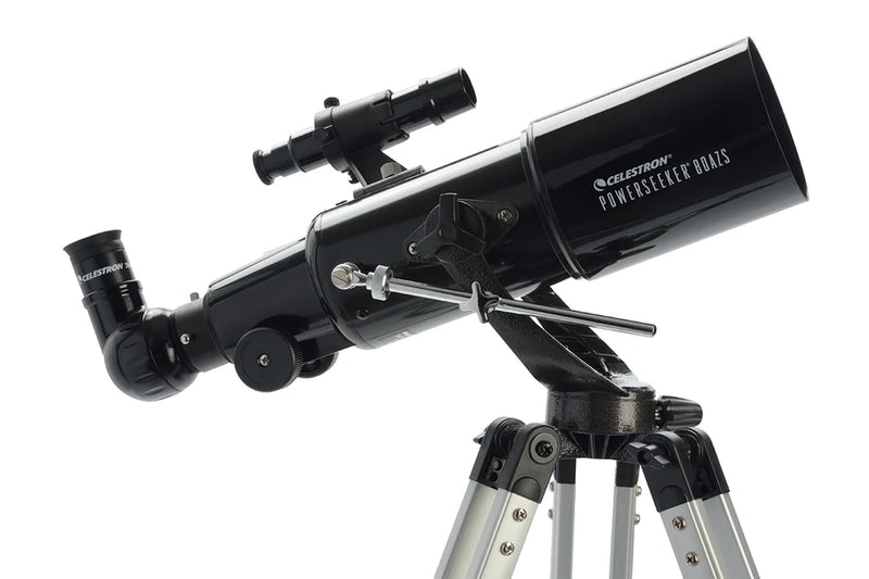 Celestron PowerSeeker 80AZ short refractor telescope with tripod, showcasing its optical tube and mount for astronomical viewing.