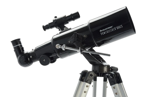 Celestron PowerSeeker 80AZ short refractor telescope with tripod, showcasing its optical tube and mount for astronomical viewing.