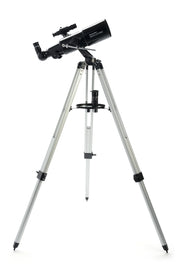 Celestron PowerSeeker 80AZ short refractor telescope set up on a tripod for celestial observation.
