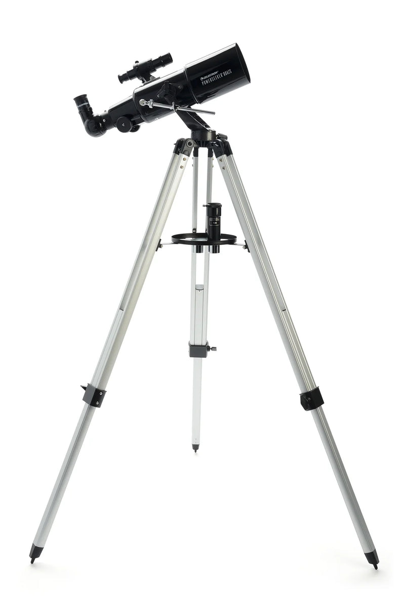 Celestron PowerSeeker 80AZ short refractor telescope set up on a tripod for celestial observation.