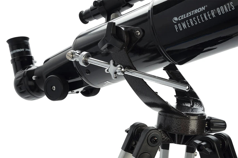 Celestron PowerSeeker 80AZ short refractor telescope with optical tube and mount for stargazing and celestial observation.