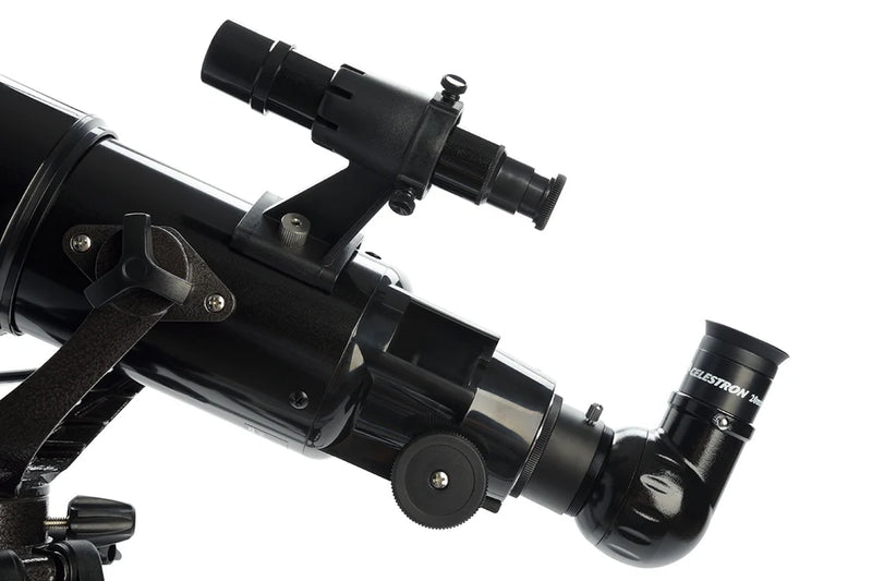 Celestron PowerSeeker 80AZ short refractor telescope with adjustable tripod and optical tube for celestial viewing.