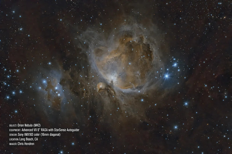 Celestron Advanced VX 6-inch Rowe-Ackermann Schmidt Astro reflector telescope capturing M42 nebula image with IMX183C camera.