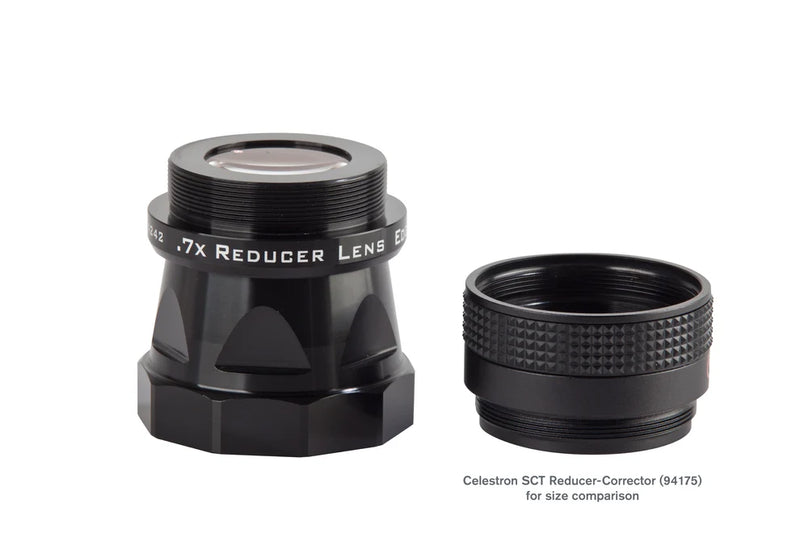 Celestron .7x reducer lens for EdgeHD 800 telescope, close-up showing lens elements and branding on accessory
