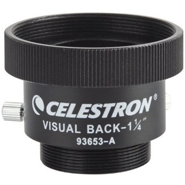 Celestron SCT to 1.25-inch visual back attachment for telescope accessories, black metal with threading for connecting eyepieces.