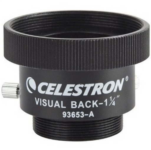 Celestron SCT to 1.25-inch visual back attachment for telescope accessories, black metal with threading for connecting eyepieces.