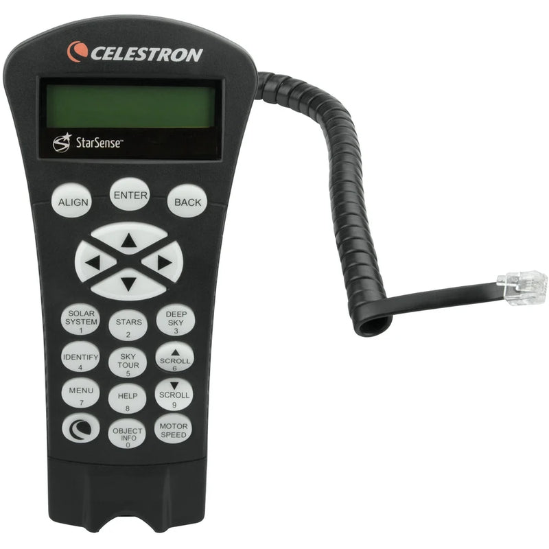Celestron StarSense Hand Control USB accessory for telescope alignment and control, featuring buttons and display screen.