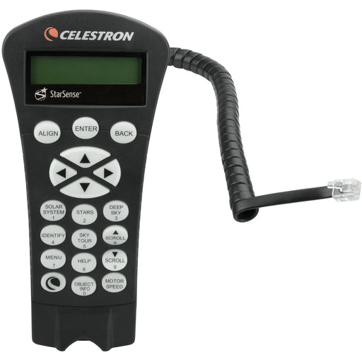 Celestron StarSense Hand Control USB accessory for telescope alignment and control, featuring buttons and display screen.