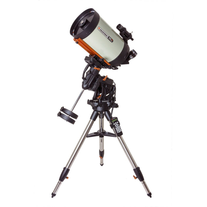 Celestron CGX 1100 EdgeHD Schmidt-Cassegrain telescope mounted on tripod, showcasing its optical tube and accessories.