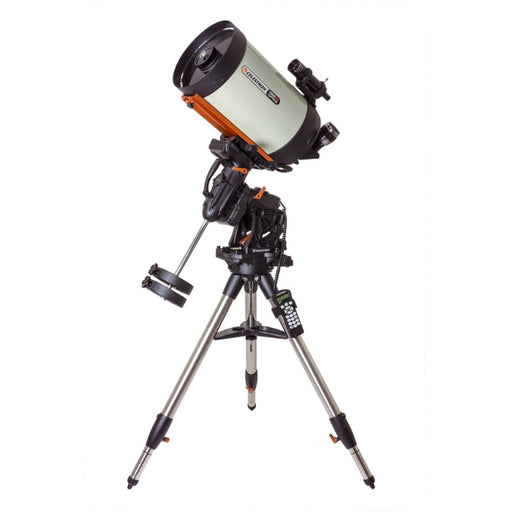 Celestron CGX 1100 EdgeHD Schmidt-Cassegrain telescope mounted on tripod, showcasing its optical tube and accessories.